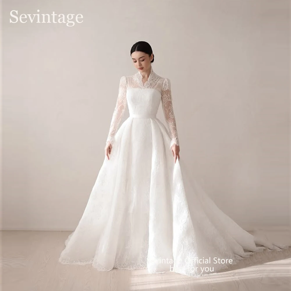 Sevintage Princess Full Lace Wedding Dresses High Collar Long Sleeves Bridal Gowns With Belt V-Neck Brides Vestidos Customized