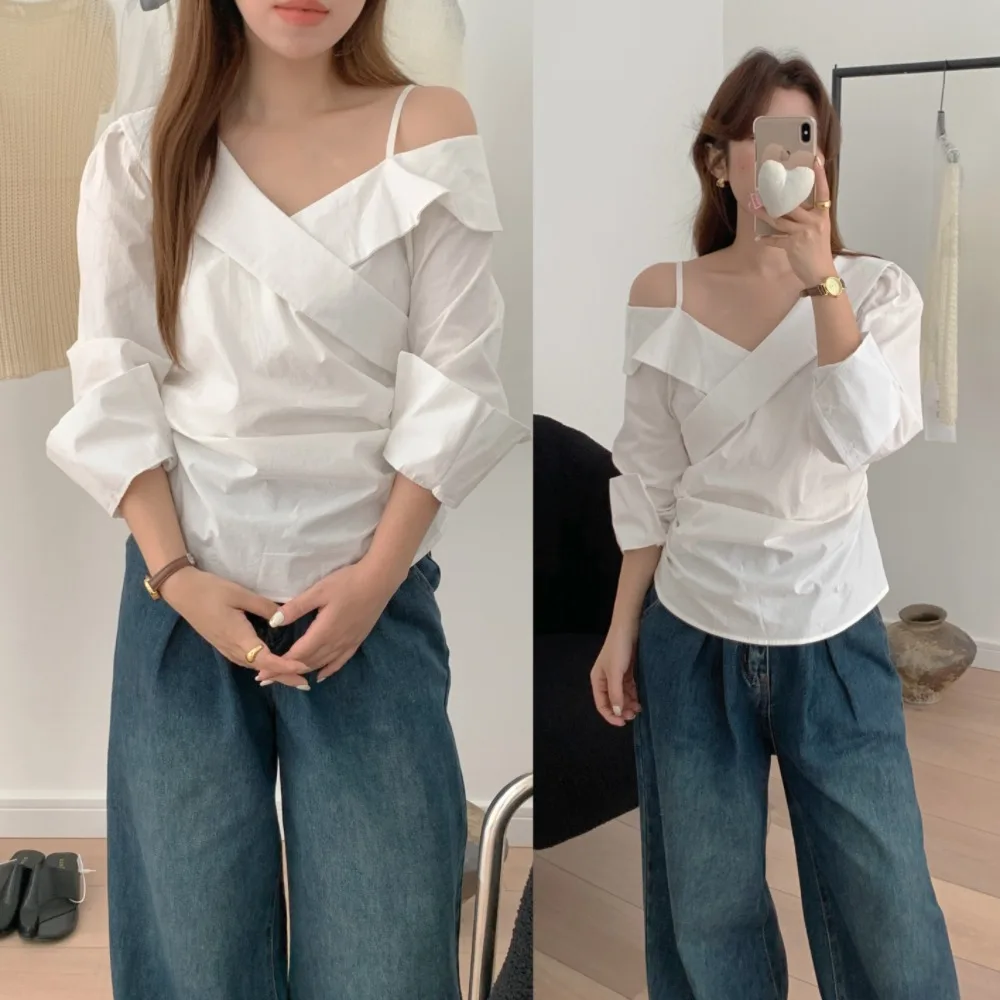 

White Ruffle Hem V-Ne oulder Bared irt Women's Early Spring New Sle Commute Versatile Pleated ort irt Korean Sle