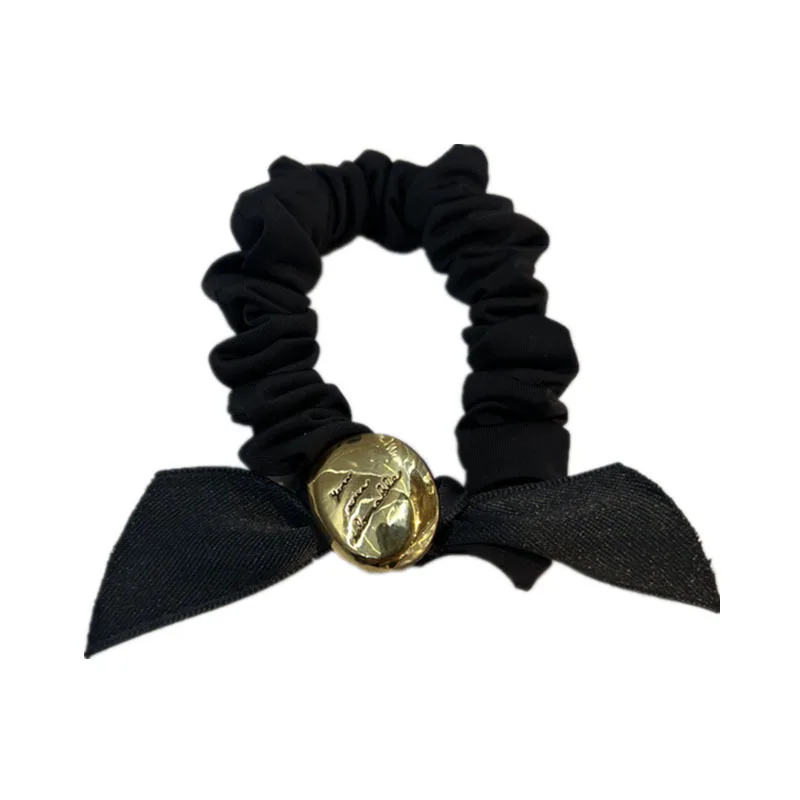 Korean Women Elegant Black Ribbon Bow Pearl Elastics Hair Band Girls Scrunchies Hair Ties Ladies Ponytail Hold Hair Accessories