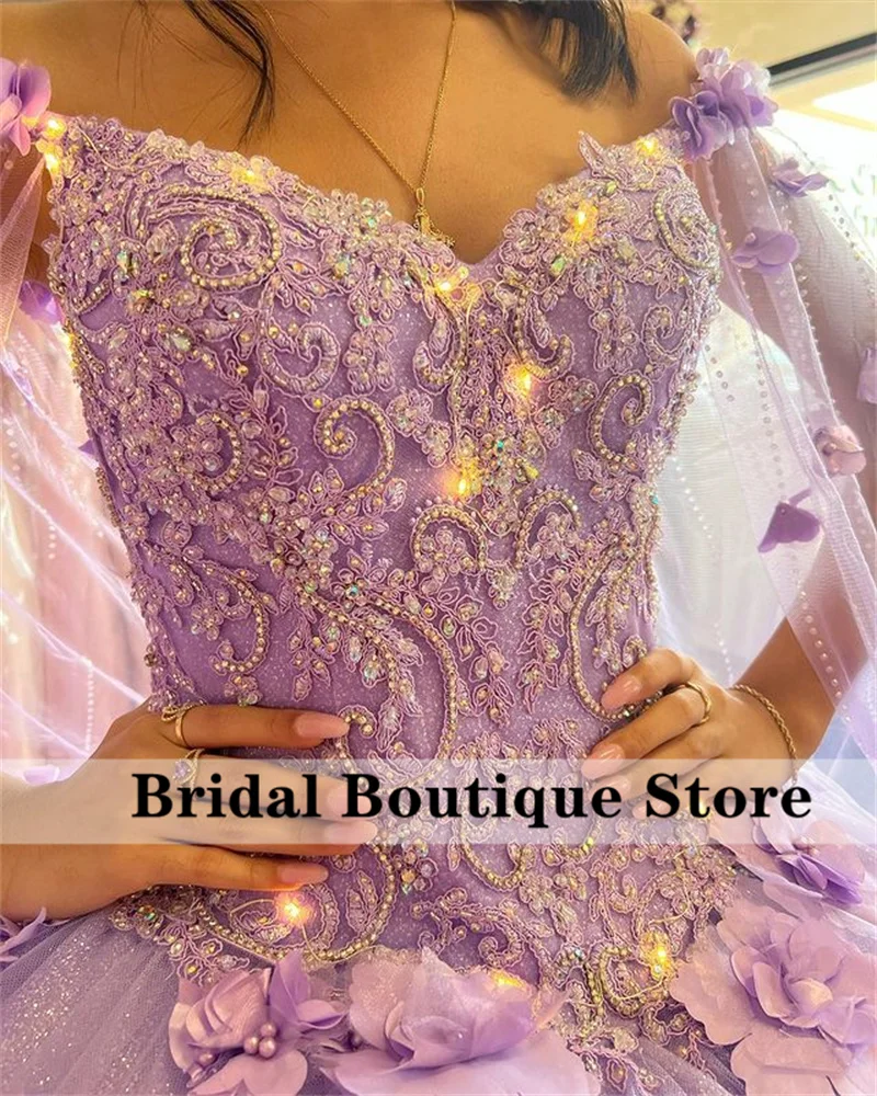 Lavender Flowers Princess Quinceanera Dresses With Detached Cape Beads Crystal Sweet 16 Dress Vestido De 15 Años Customized