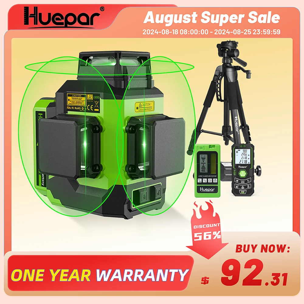 

Huepar 12 Lines 3D Laser level Green Self-Leveling 3x360° Horizontal & Vertical Osram Cross Line With Hard Case 2 Li-ion Battery