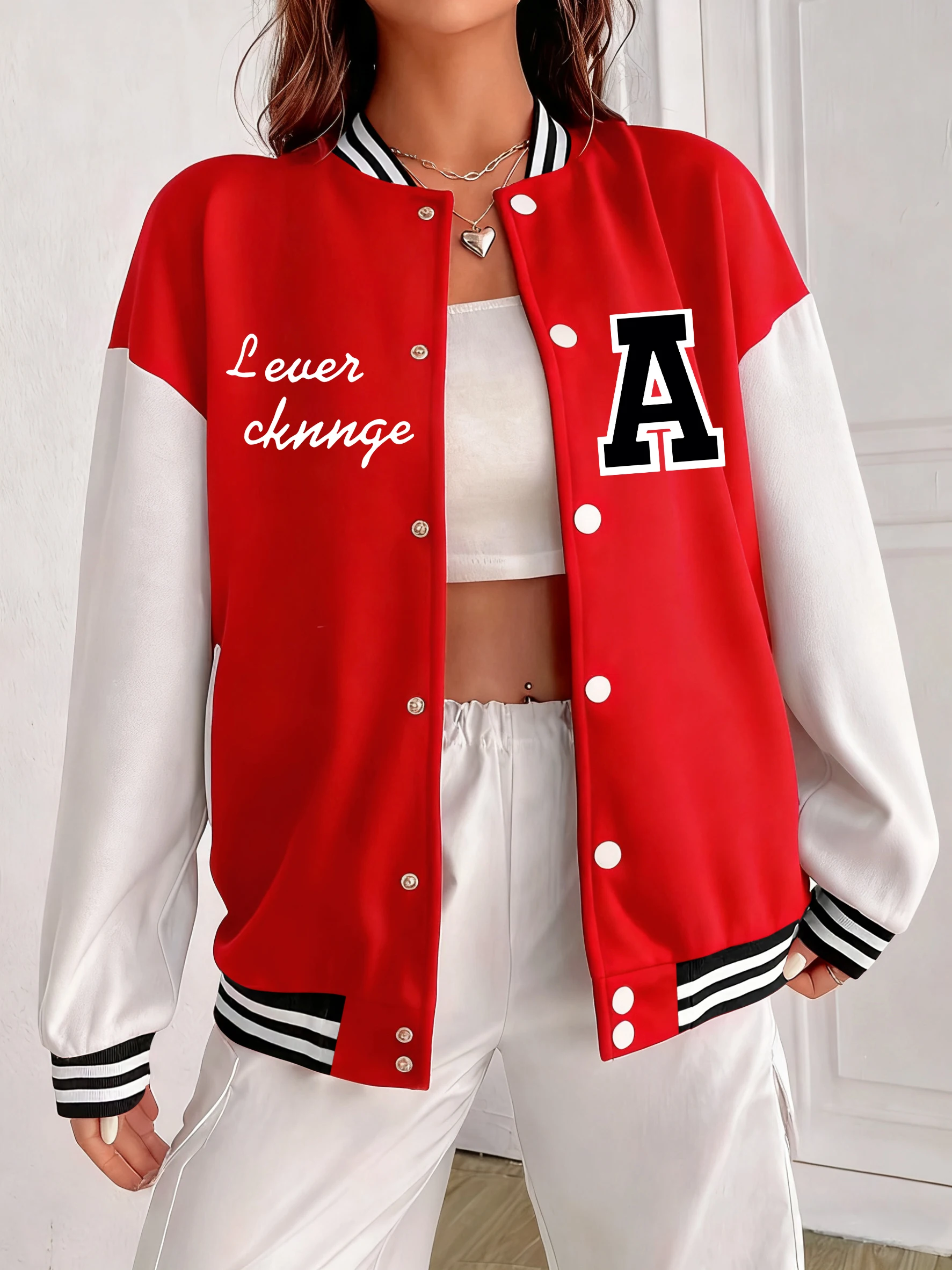 

Artistic Word And Letter A Printed Jacket Woman Fashion Loose Baseball Uniform Autumn Hip Hop Streetwear All-Match Cotton Coat