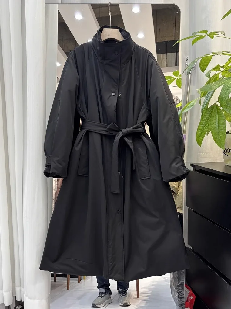 معطف نسائي طويل فوق الركبة، فضفاض مع حزام خصر، ملابس خارجية نحيفة للشتاء، تصميم جديد من ULDSJAYK، معطف بأسلوب عملي