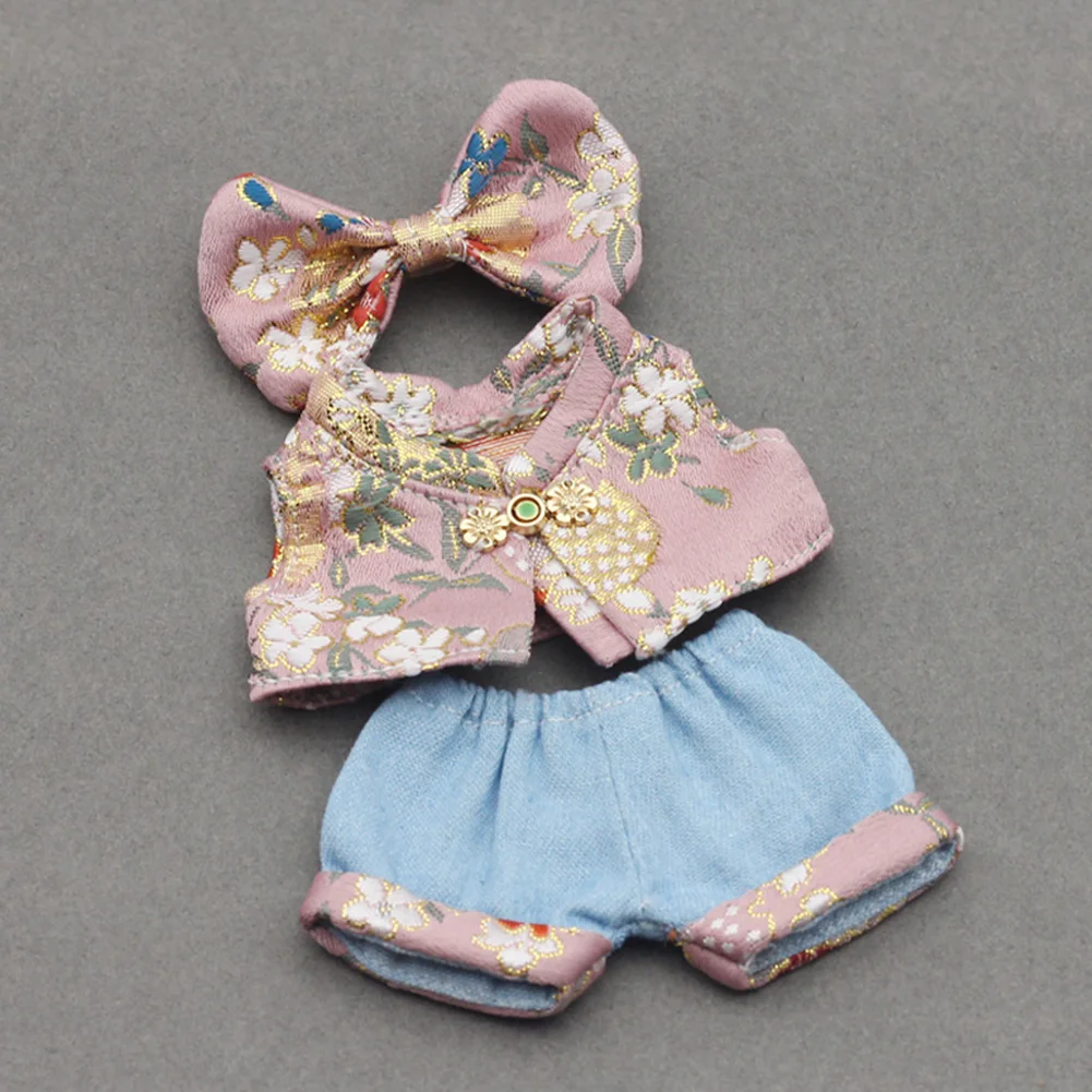 Chinese Style For 17cm Labubu Doll Clothes Fashion Vest Color Match Denim Shorts Doll Accessories Cute Decoration Little Clothes