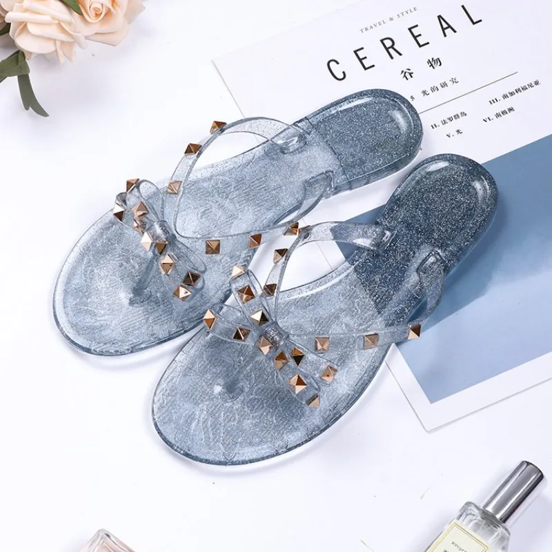 Women Slippers Summer New Fashion Bow Flip Flops Rivets Outdoor Transparent Jelly Crystal Women Open Toe Beach Rose Red Slippers