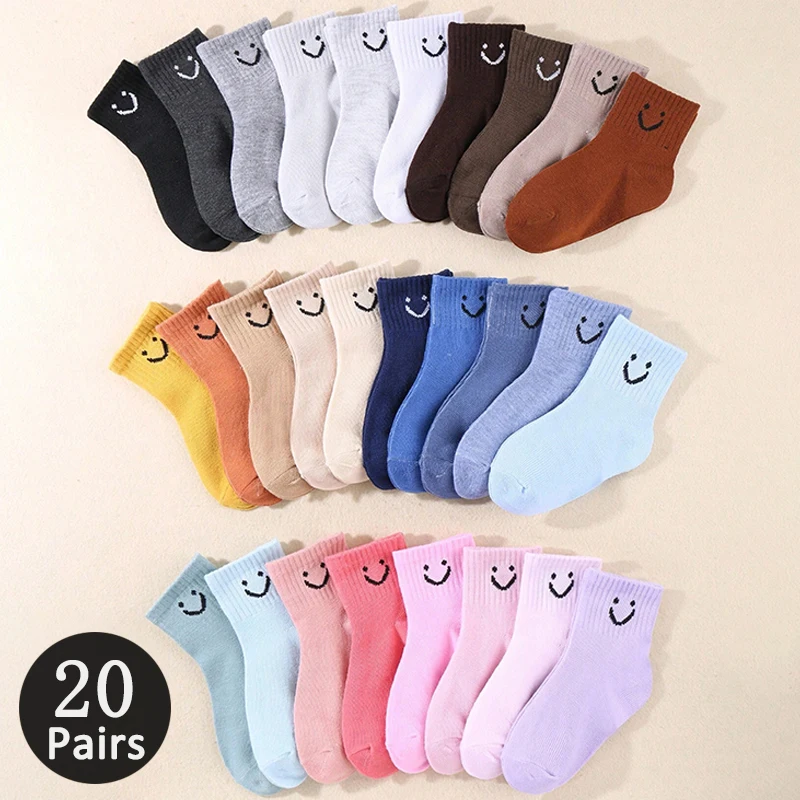 20 Pairs Kids Cute Smiley Face Crew Socks, Soft Colorful Children Casual Socks, Breathable Elastic Toddler Boys Girls All Season