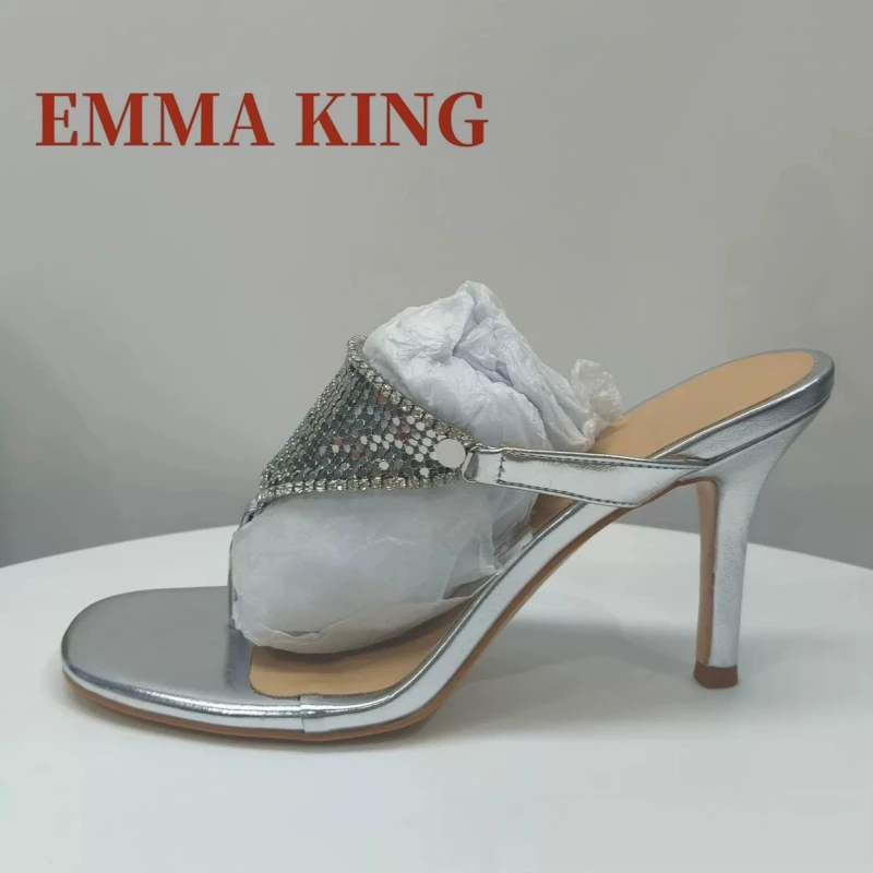 Silver Metallic Heels Open Toe Women's Mules Shoes Prom Thong Sandals Summer Fashion Thin Heeled Slide Sandals T-Strap Mules view 6