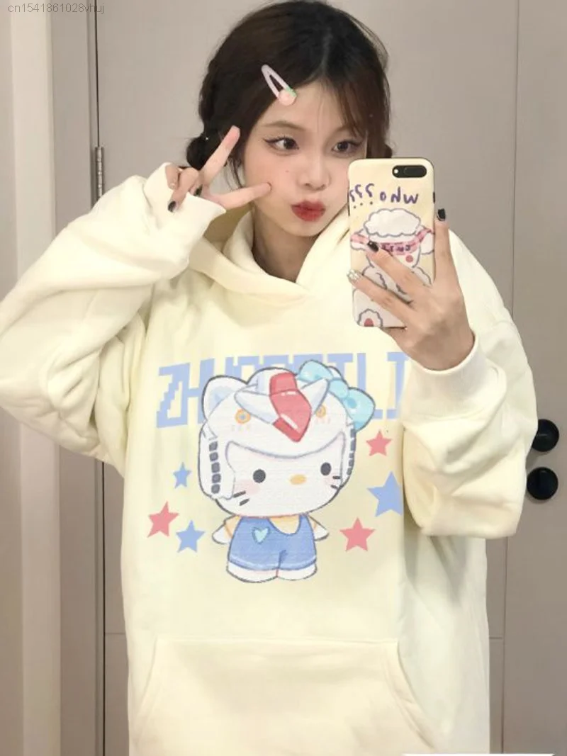 Sanrio Hello Kitty Yk2 Gothic Hood Top Youthful Woman Clothes Winter New Oversize Pullovers Punk Trendy Korean Style Campus Tops