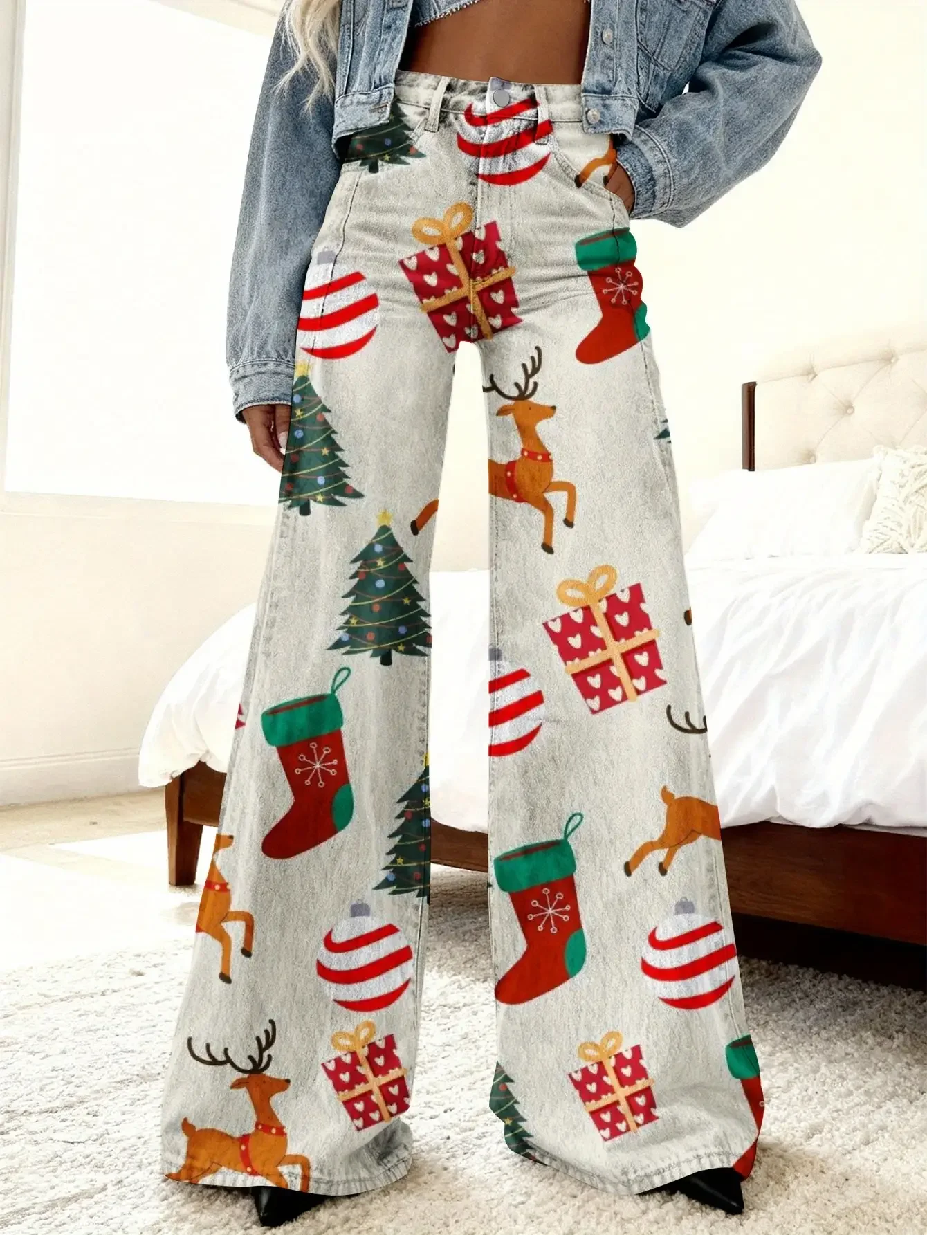 Ladies' imitation denim pants with blue background and Santa Claus snowflake pattern autumn and women's exclusive