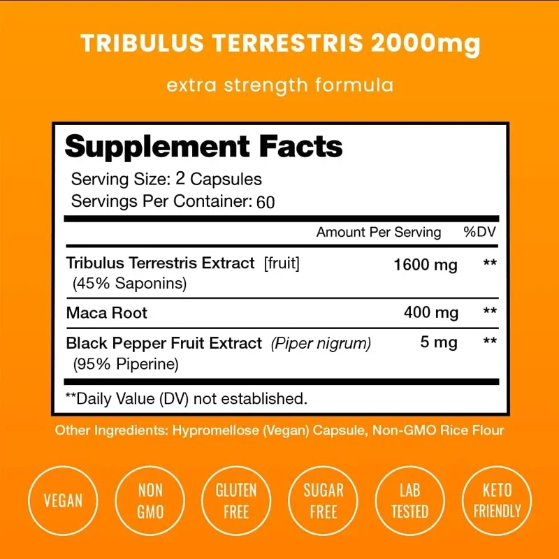 Organic Tribulus Terrestris Supplement 2000 Mg - with Maca and Black Pepper Extracts, Dietary Capsules