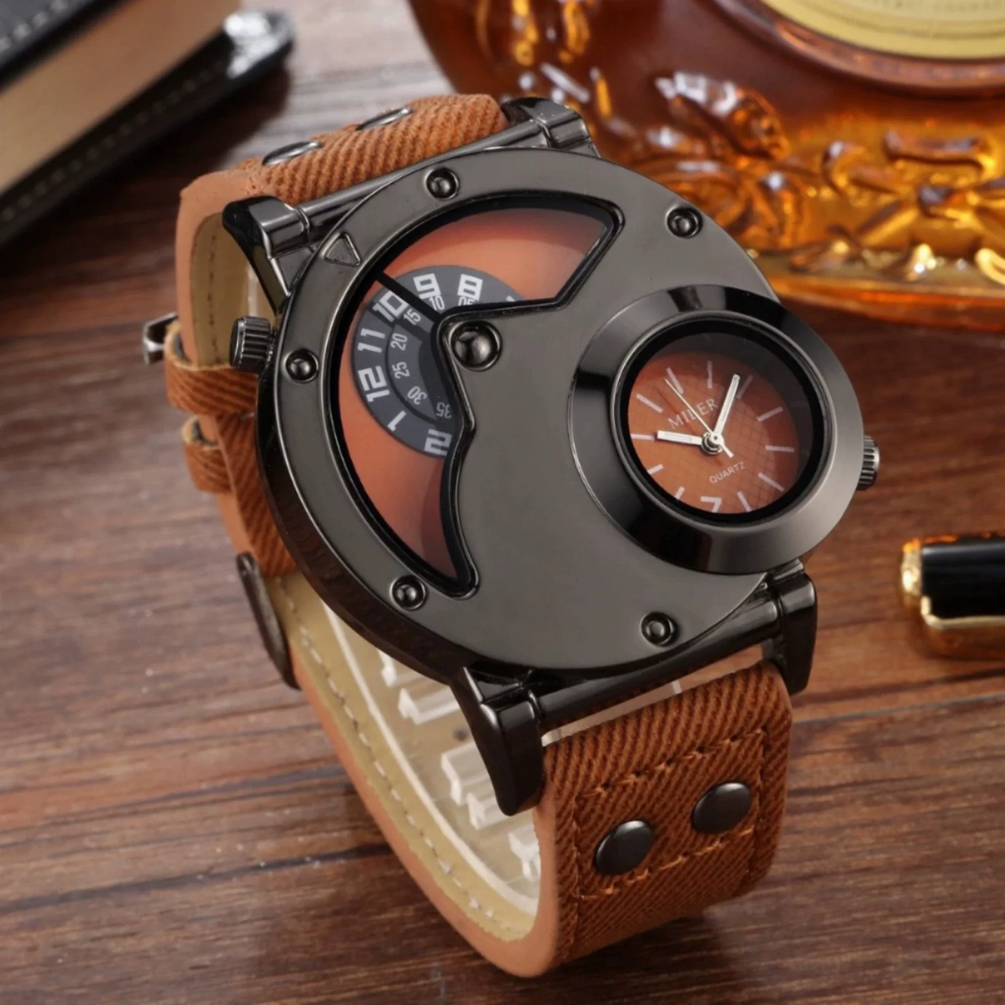  Mens Quartz Watch Unique Dual Time Zone Dial Alloy Case Canvas Leather Strap Large Dial Vintage Punk Fashion  Wristwatch Gift f