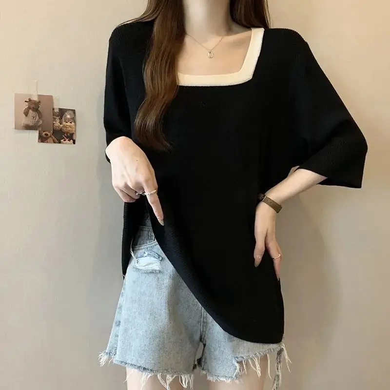 

Plus-size women's spring and summer new color-blocking loose casual versatile square-neck mid-length short-sleeve T-shirt