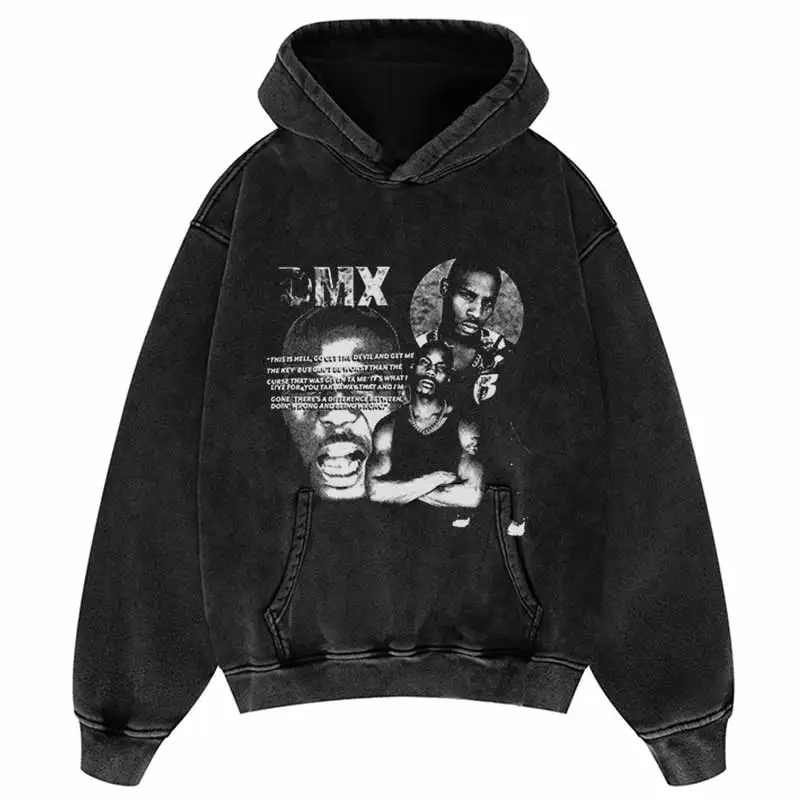 Hip Hop Hoodie Letter Portrait Male Graphics Print Black Hooded Sweatshirt 2024 Men Harajuku Punk Washed Pullover