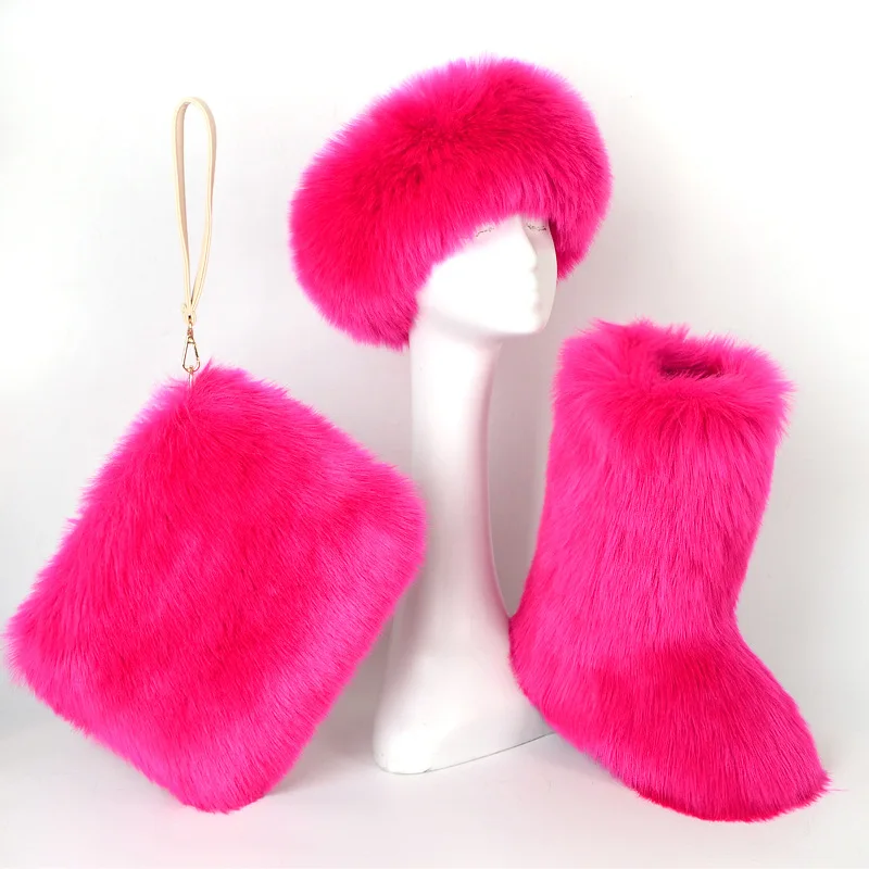 Botas de nieve de piel de zorro de imitación de gama alta para mujer, zapatos de terciopelo para mujer, botas de algodón acolchadas cálidas a la moda, bolso con diadema cálido