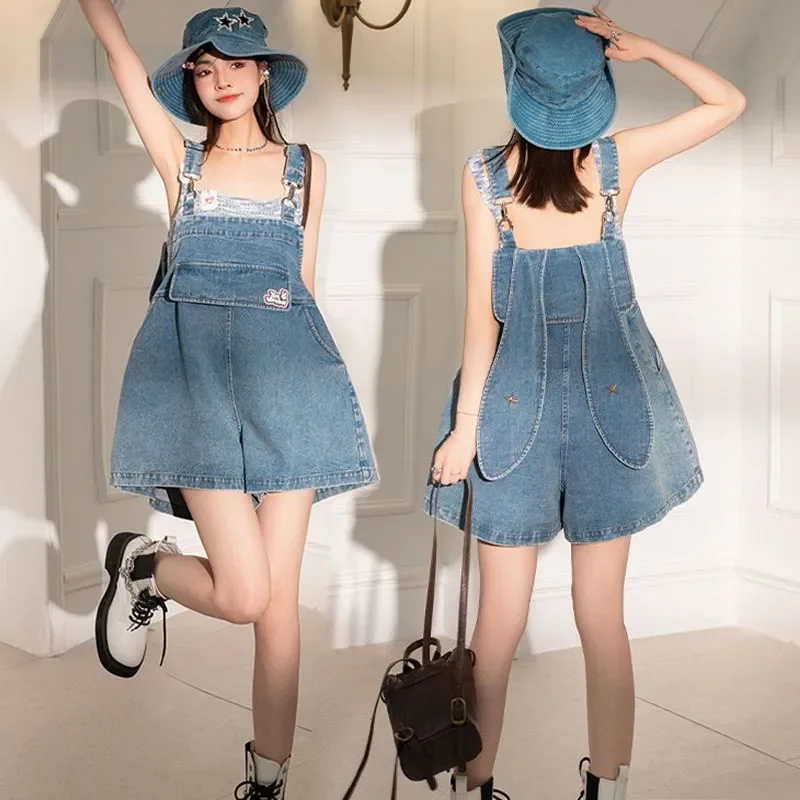 Women's Denim Overalls Shorts Loose Fit Washed Adjustable Strap Casual Jumpsuit