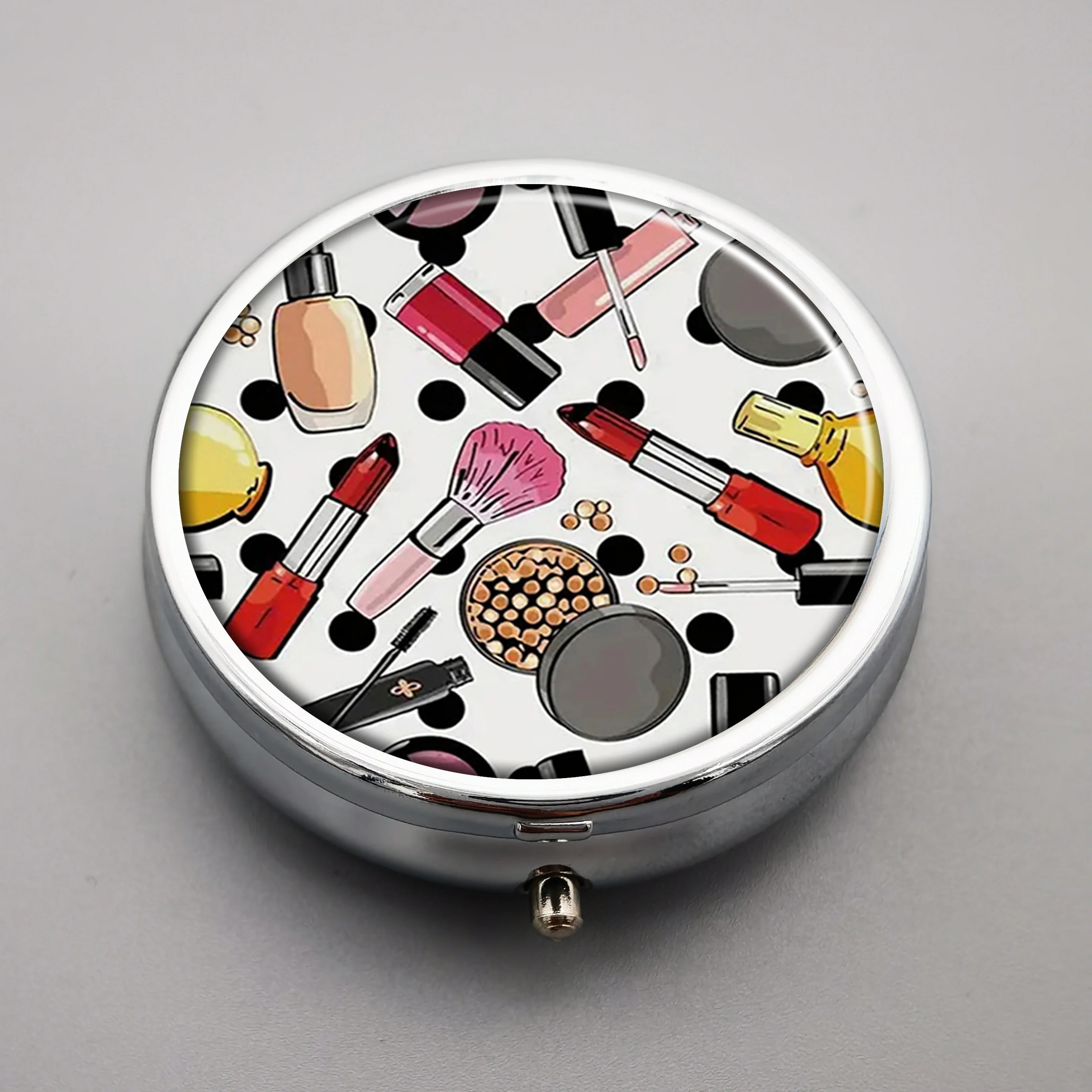 Compact 3-compartment pill box - Portable metal pill storage box with decorative cosmetic design - for pocket or purse