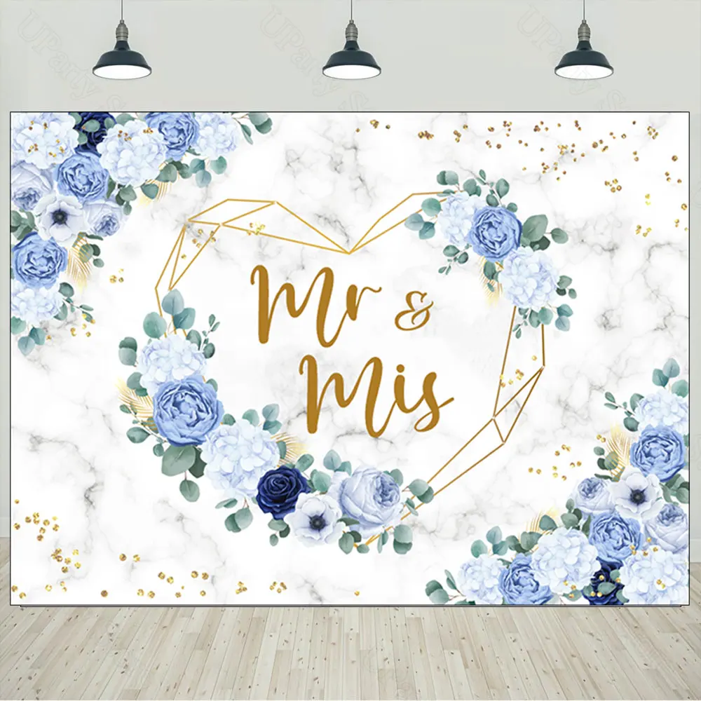 

6~10ft Mr and Mrs Floral Backdrop for Wedding White Blue Flowers Custom Photography Background for Bridal Shower Wedding Decor