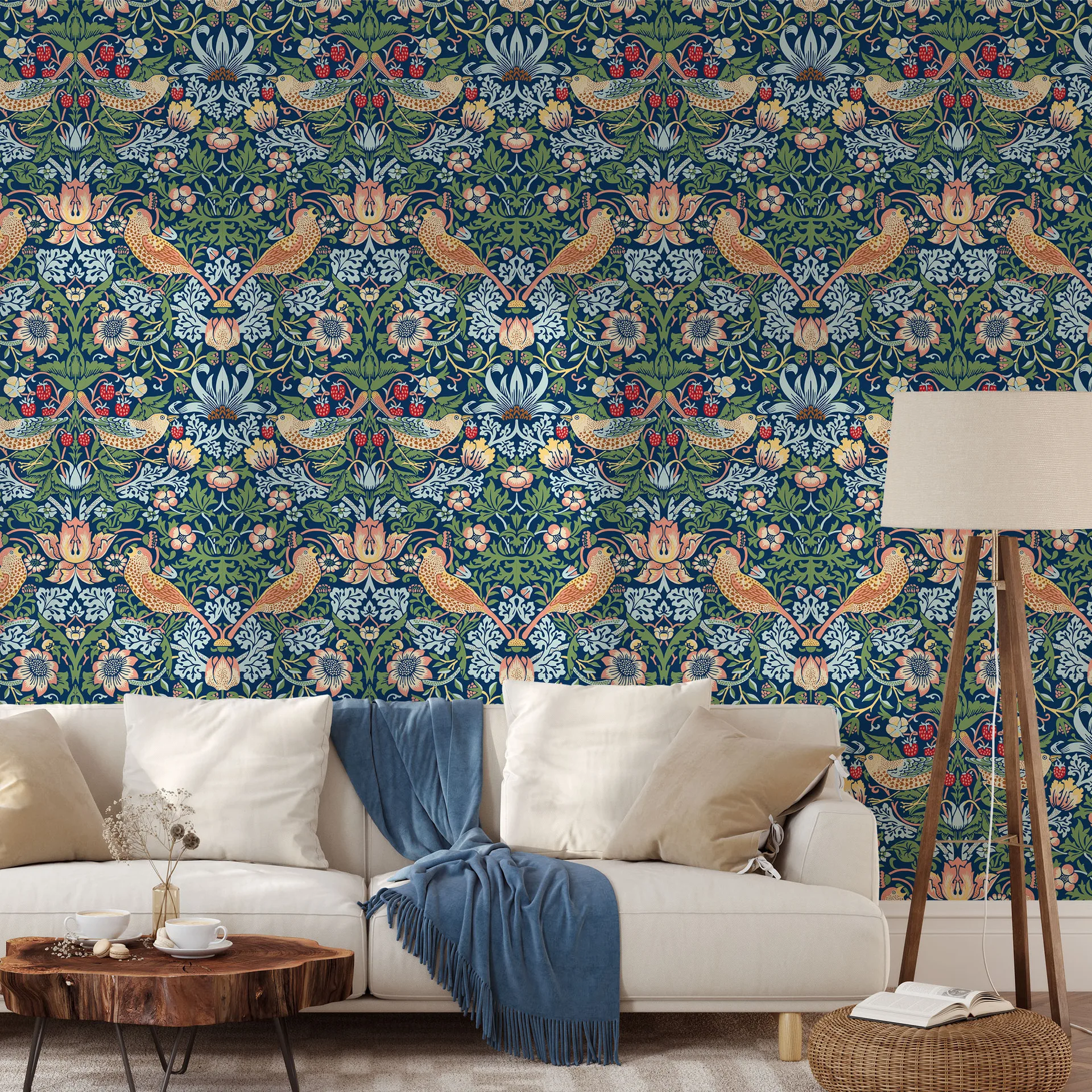 William Morris Strawberry Thief Wallpaper Vintage Floral Bird Self Adhesive Wallpaper Removable Living Room Background Wall Deco