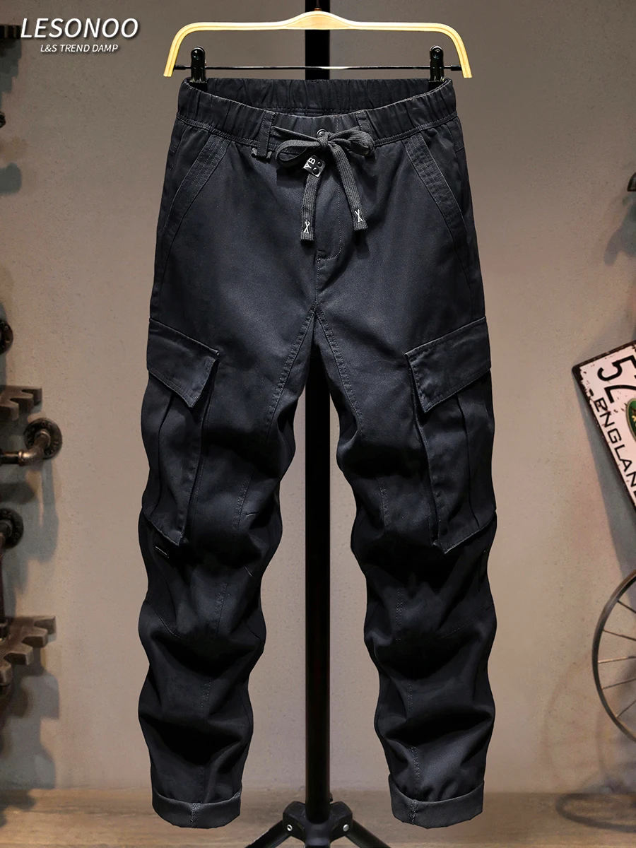 

Faionable Youth Casual Pants with Elastic Waist Loose Straight Leg Multi kets Workwear Trousers High End Trendy Brand