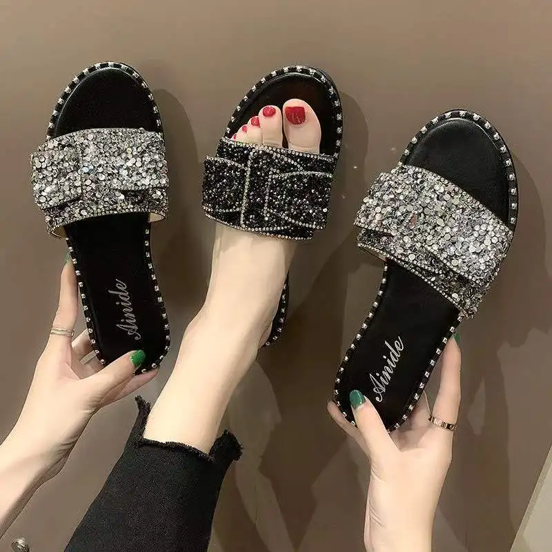 

Bowknot Rhinestone Slippers Black New Women Summer Mules Women's Slippers Shinny Mule Shoes Black Woman Slides Slippers Size 43