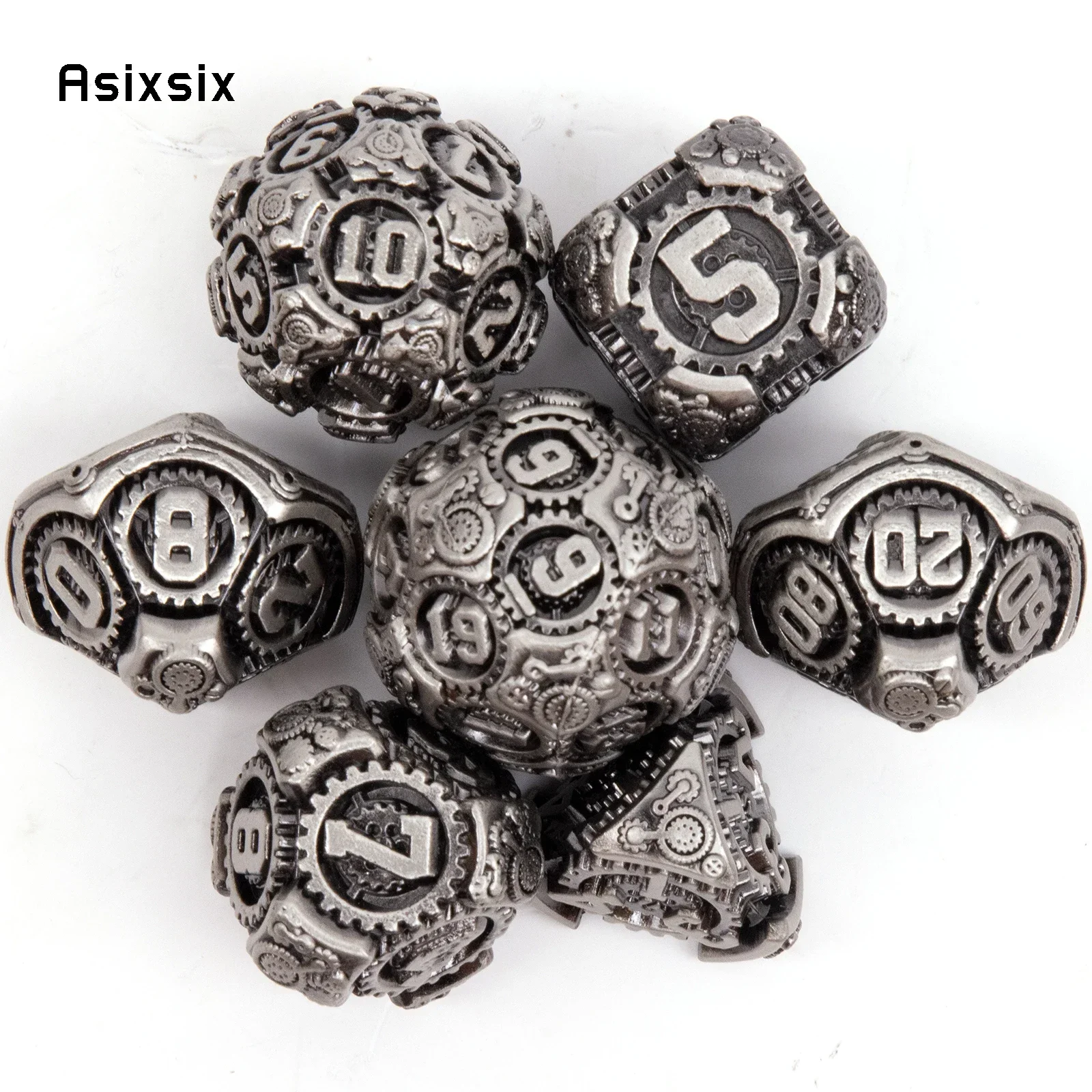 

7 Pcs Silver Gear Wheel Metal Dice Solid Metal Polyhedral Dice Set Suitable for Role-Playing RPG Board Game Gift