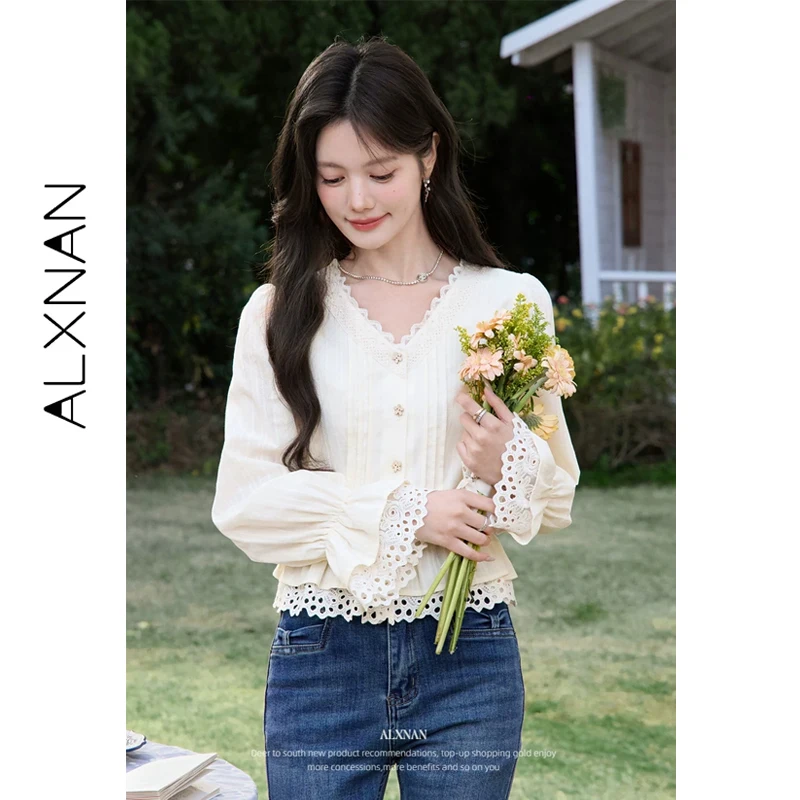 

ALXNAN V-neck Lace Shirt Women Puff Sleeve Ruffle Hem Blouses Cotton 100% 2026 Fashion Elegant Long Sleeve Tops Female L62128