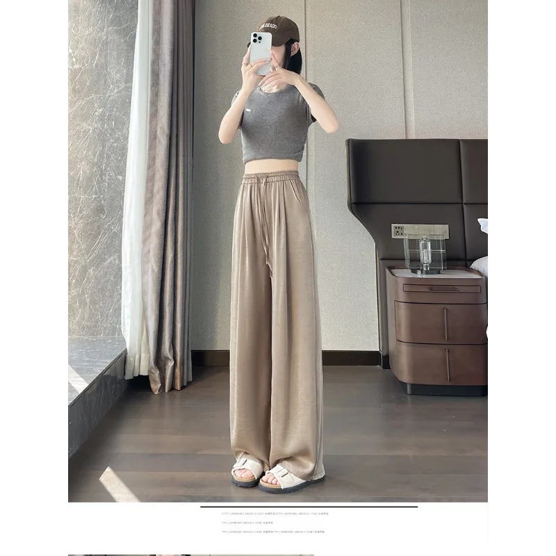 

Small Fellow Ice Silk Wide-leg Pants New Summer Thin Women High-waisted Drape Acetate Satin New Chinese Style Straight-leg Pants