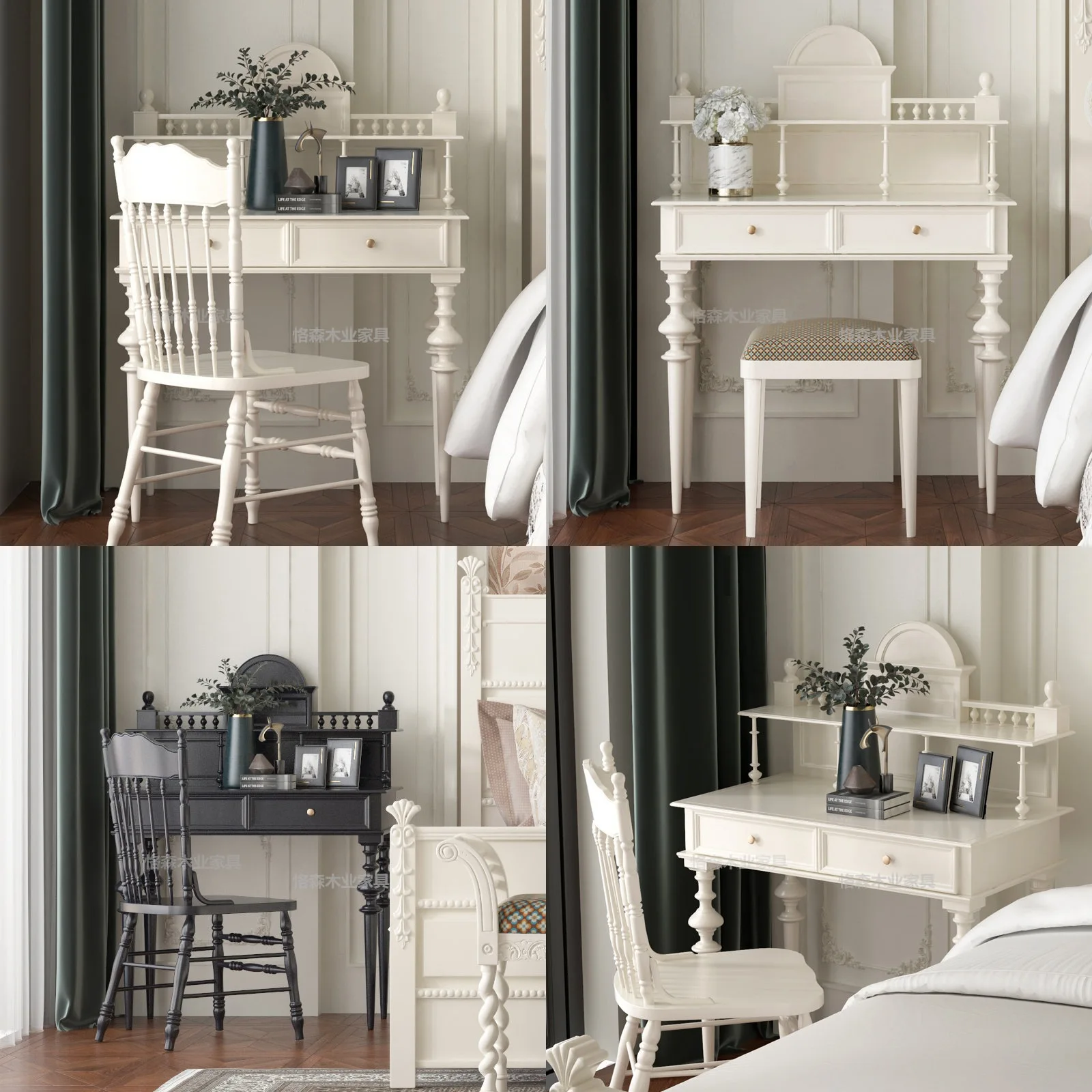 Nordic Minimalist Solid Wood White Bedroom Vanity Table Black White Makeup Mirror Modern Luxury Retro Storage Cabinet