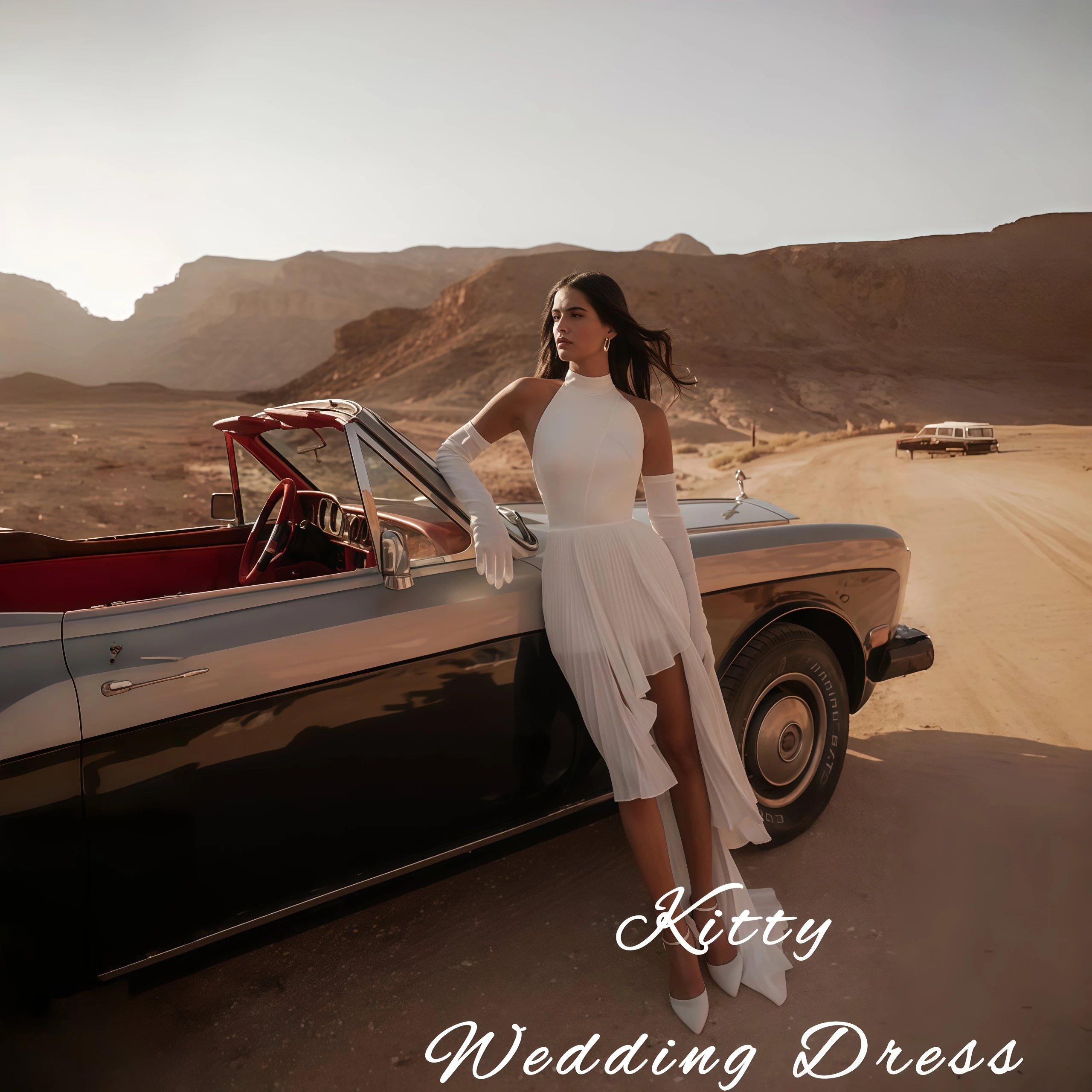 

Kitty Customized Modern Wedding Dress Halter High Neck Satin Bodice Pleated High-Low Skirt Detachable Long Gloves Bridal Gown