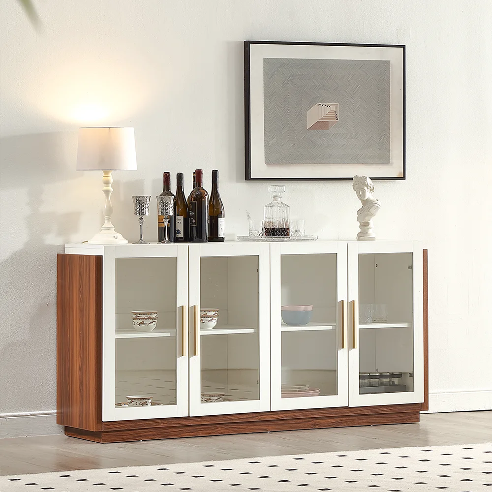 Aparador Buffet, gabinete de almacenamiento moderno con puertas de vidrio con estante ajustable, sala de estar, blanco antiguo y gris.