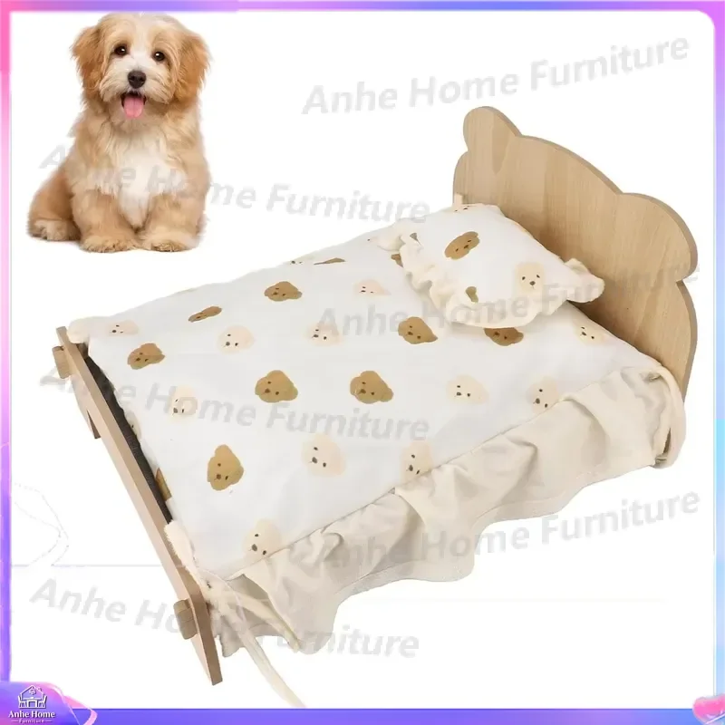 Modern Wooden Dog Bed Large Plush Pet House Reinforced Frame Cat Rabbit Small Animal Furniture Indoor Cozy Sleeping Kennel