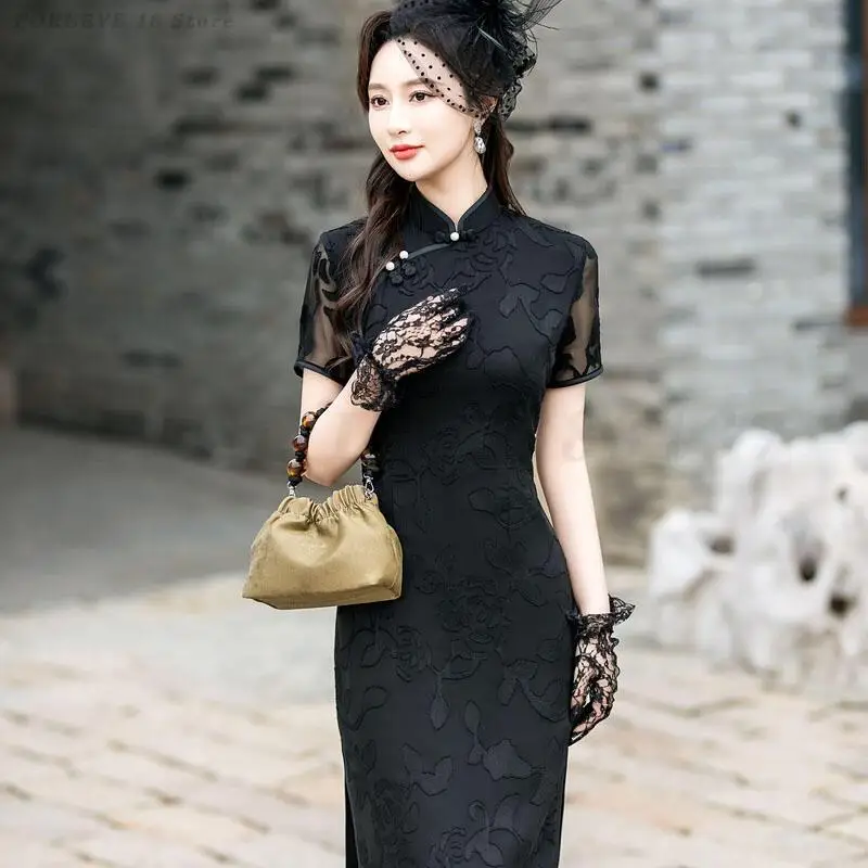 formal chinese dress Dress: Gorgeous Style Hanfu for Female delicate floral pattern Black Navy Cheongsam Dress 3XL
