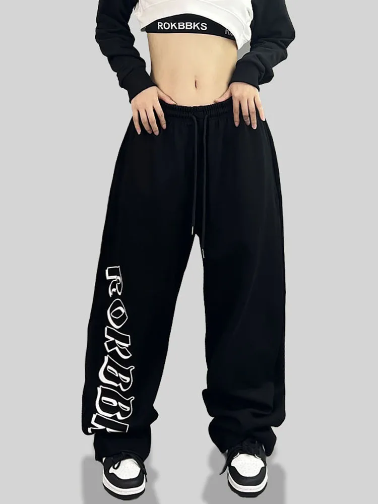 

Zoki Streetwear Retro Black Sweatpants Women High Waist Letter Y2K Trousers Hip Hop American Loose Bf Harajuku Wide Leg Pants