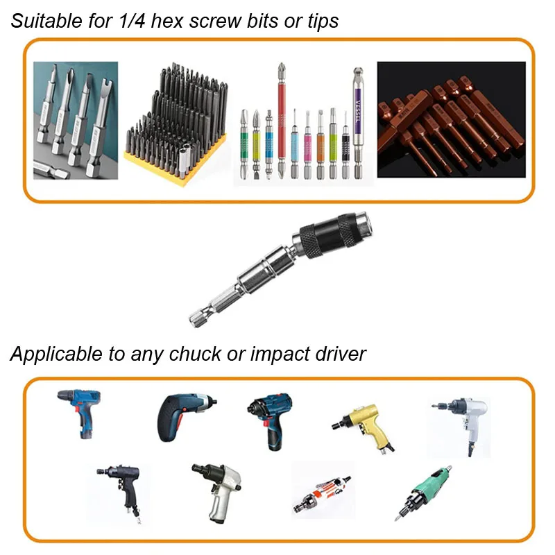 360° Pivot Drill Bit Holder 1/4" Magnetic Screw Drill Tip Screw Tool Quick Change Locking Drive Guide Extensions Rod Adapter