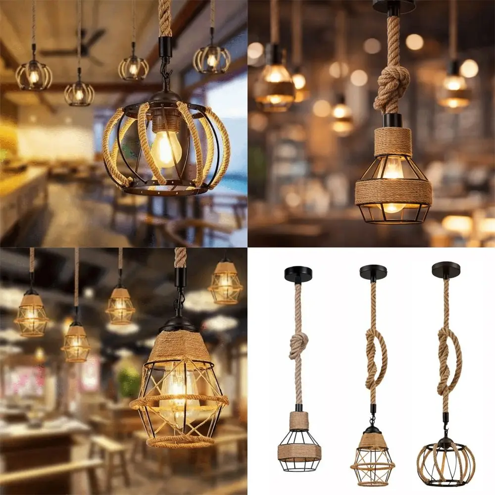 Retro Hemp Rope Pendant Lights Iron Woven Design Woven Hemp Rope Chandelier Industrial Style Cafe Lighting Coffee Shop Bar