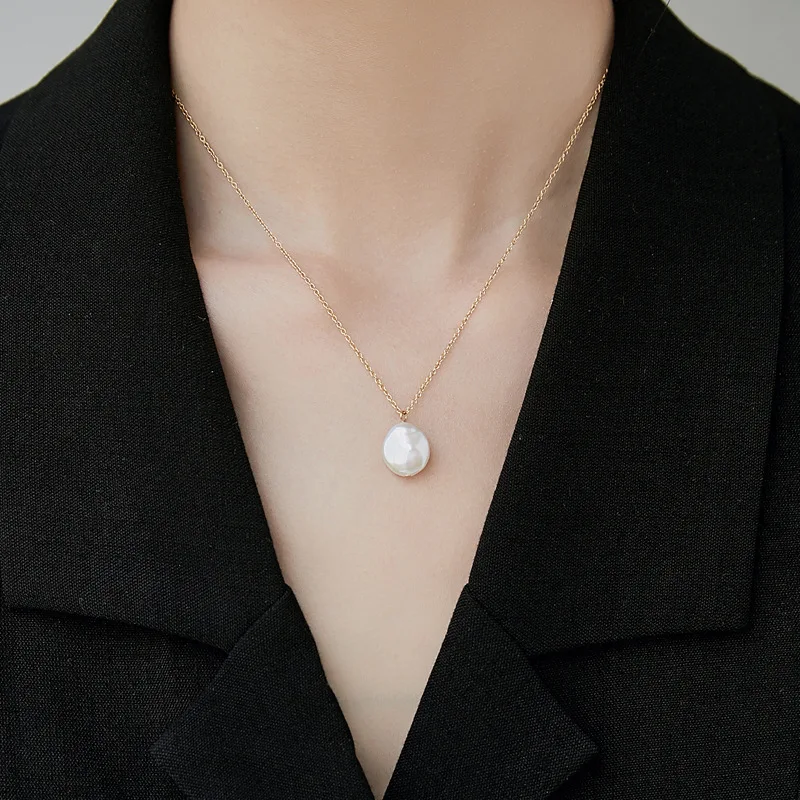 1Pc 15.75 Inch Stainless Steel Cable Chain Necklace Real 18K Gold Plated with Freshwater Pearl Oval Pendant White for Women