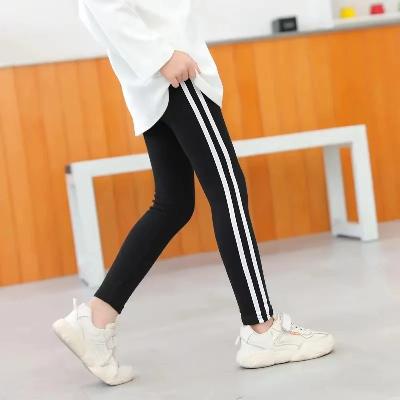 Side Stripe Sports Pant Girl Spring Autumn Pure Color Skinny Leggings for Girls Sweatpants Kids Clothes Outwear Stretch Trousers