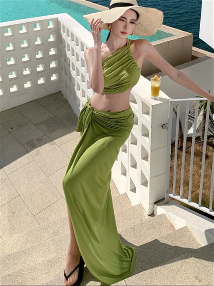 Sexy Summer Vacation Two Pieces Sets Green Fuchsia Irregular Short Camis Vest Top&High Split Long Wrap Skirt Beach 2pc Suits