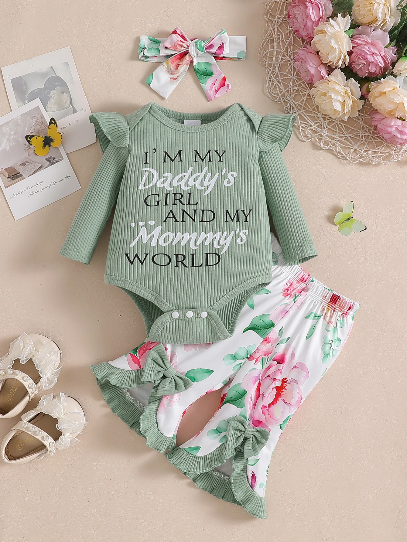 Baby Girl 3Pcs Set Green Letter Print Long Sleeve Romper Floral Ruffle Bow Flare Pants Headband Spring Summer Casual Outfit