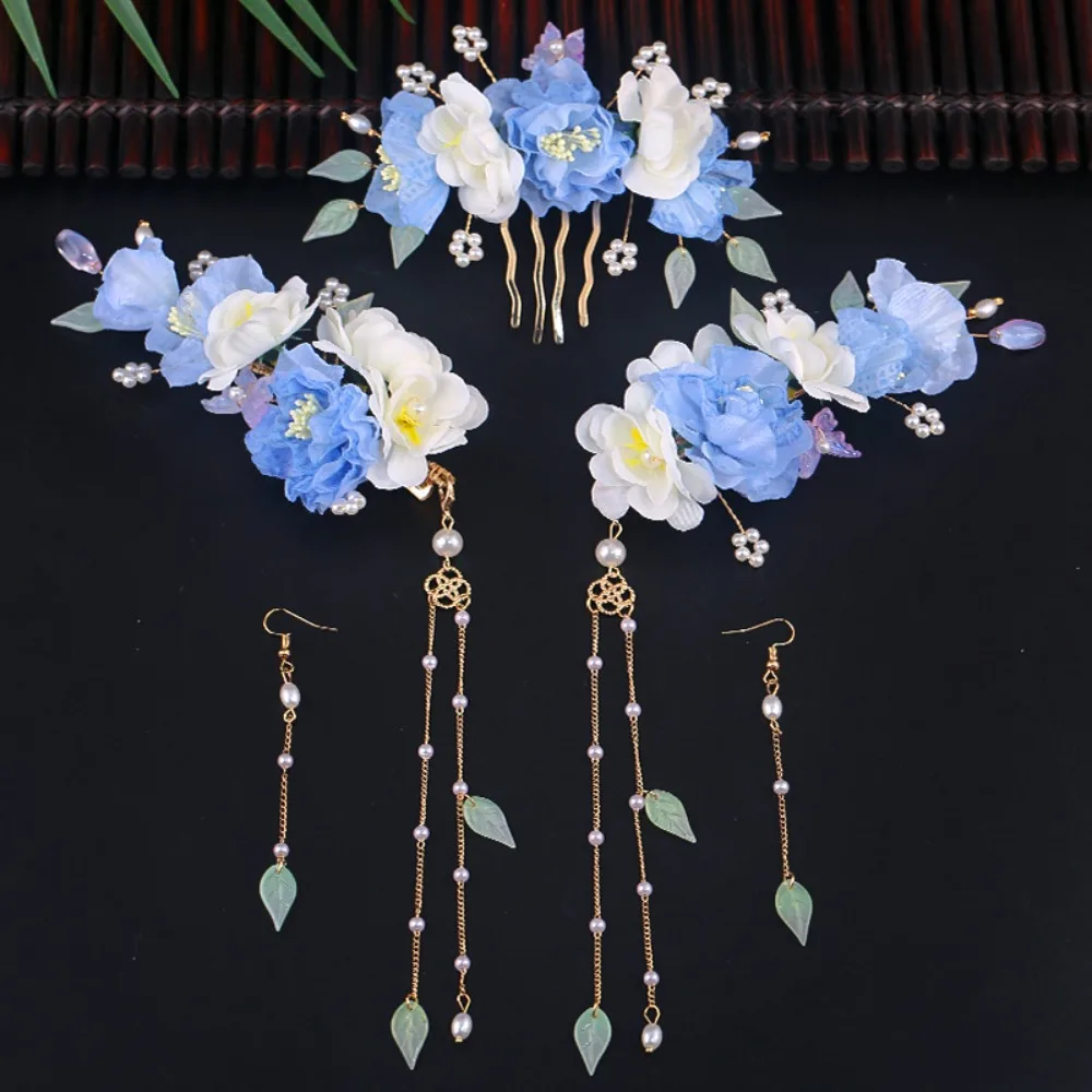 

Exquisite Tassel Chinese Style Hairpin Set Pearl for Buns Hanfu Hair Stick Earring Headwear Flower Hair Comb Women