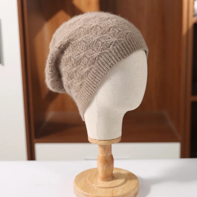 100%Pure Wool Winter Knitted Hats For Women Autumn Warm Soft Pullover Bonnet Cap Korea Fashion Hollow Hook Flower Beanies Female