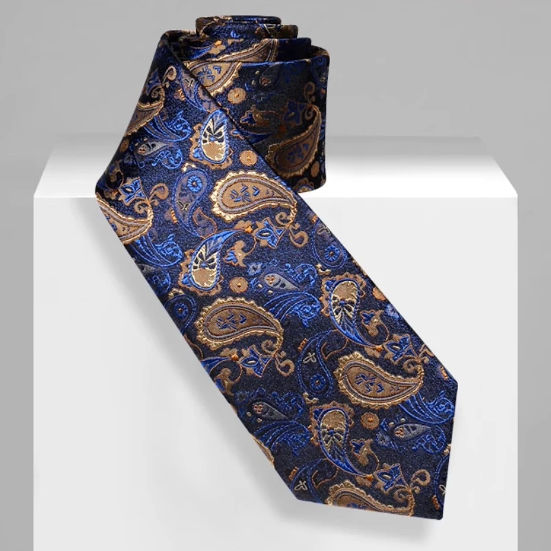 High Quality 100% Silk Blue Background Gold Cashew Flower Tie For Men's Formal Business Banquet 8cm Wide Hand Knotted Necktie