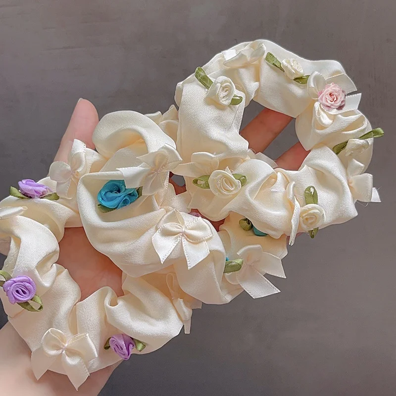 New Rose Flower Scrunchies White Satin Hair Bands Simple Elastic Head Bands Ponytail Holder Wedding Hair Ropes For Women Girls