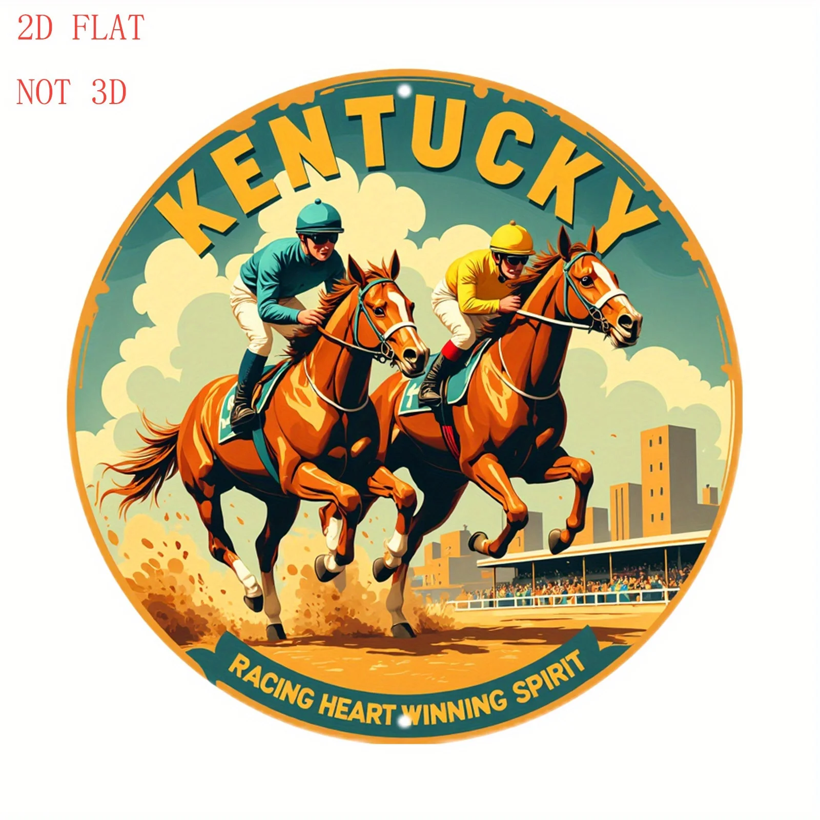 2D Flat - 8-Inch Round Aluminum Sign Featuring Kentucky Horse Racing with Jockeys And Thrilling Action, Perfect for Holiday Gift