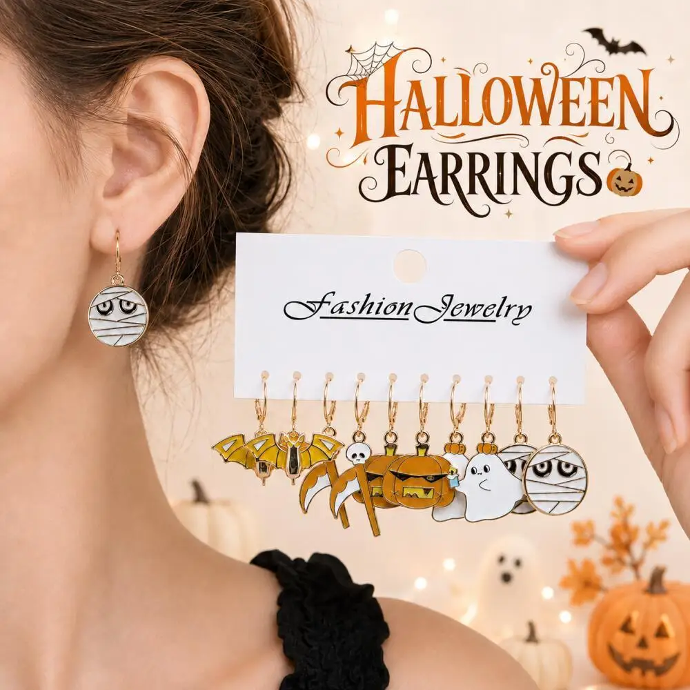 5 Pairs Enamel Hoop Earrings Halloween Bat Grim Reaper Scythe Cool Pumpkin Ghost Mummy Spooky Cosplay Party Jewelry Gift