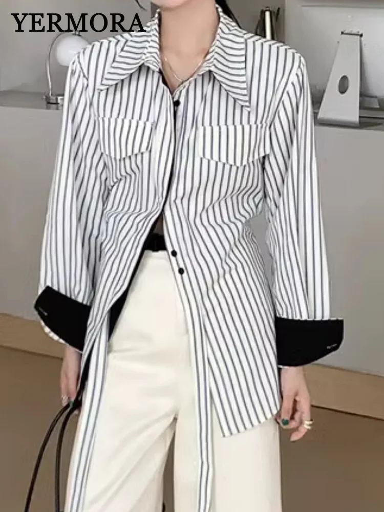 

YERMORA White Striped Ribbon Casual Blouse For Women Lapel Long Sleeve Loose Fit New Shirt Fashion Tide Srping Autumn 2025
