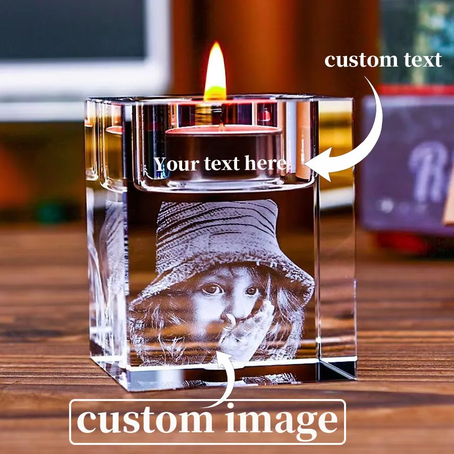 3D Crystal Candle Holder Personalized Photo Engraving Transparent Crystal Candle Holder with Customized Picture and Text, Birthday Christmas Gift. Personalized 3D Crystal Candle Holder, custom-engraved with photos and