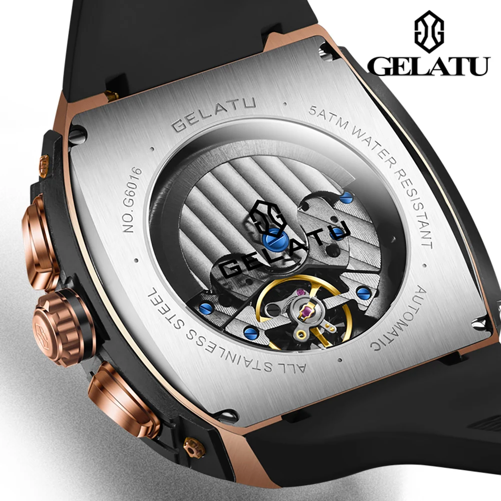 GELATU 6016 Orologio da uomo Orologio meccanico automatico scheletrato originale di alta qualità ﻿   Orologi impermeabili da 50 m per uomo Confezione regalo Nuovo