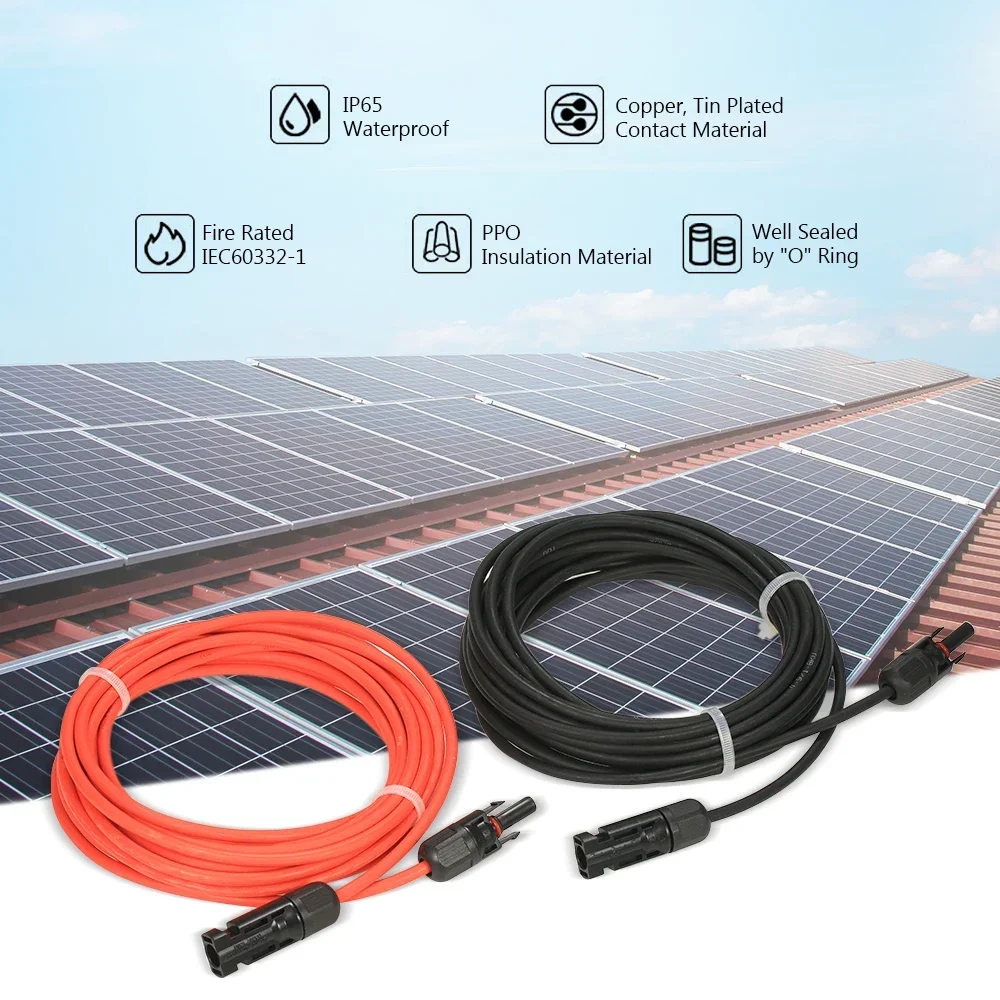 1 Pair Extension Cable 20 Feet Black + 20 Feet Red 10AWG Solar Panel Extension Cable Wire with Female and Male Connector