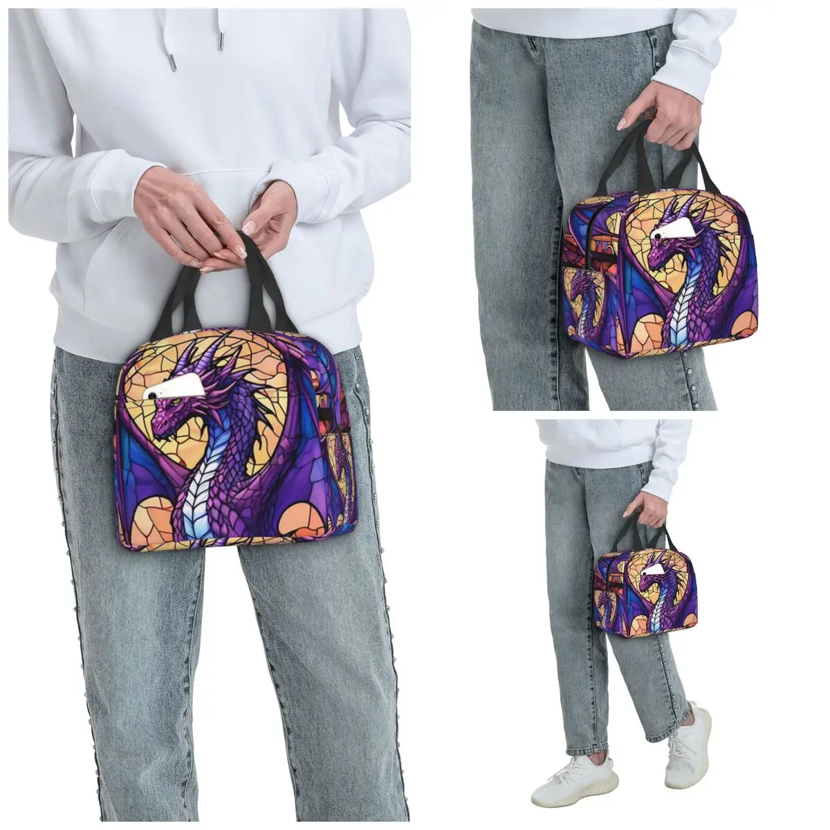 Glass Purple Dragon Pattern Insulated Lunch Bag for Women Office Cooler Thermal Food Box Tote Leakproof Lunch Boxes Container